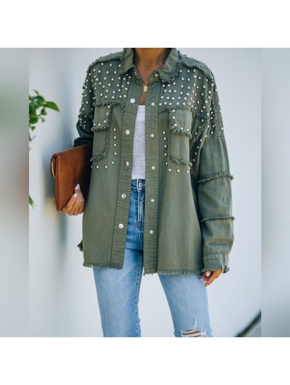 Elan Demi Studded Shirt Jacket Medium Green Silver Studs Raw Edge Hem Trucker